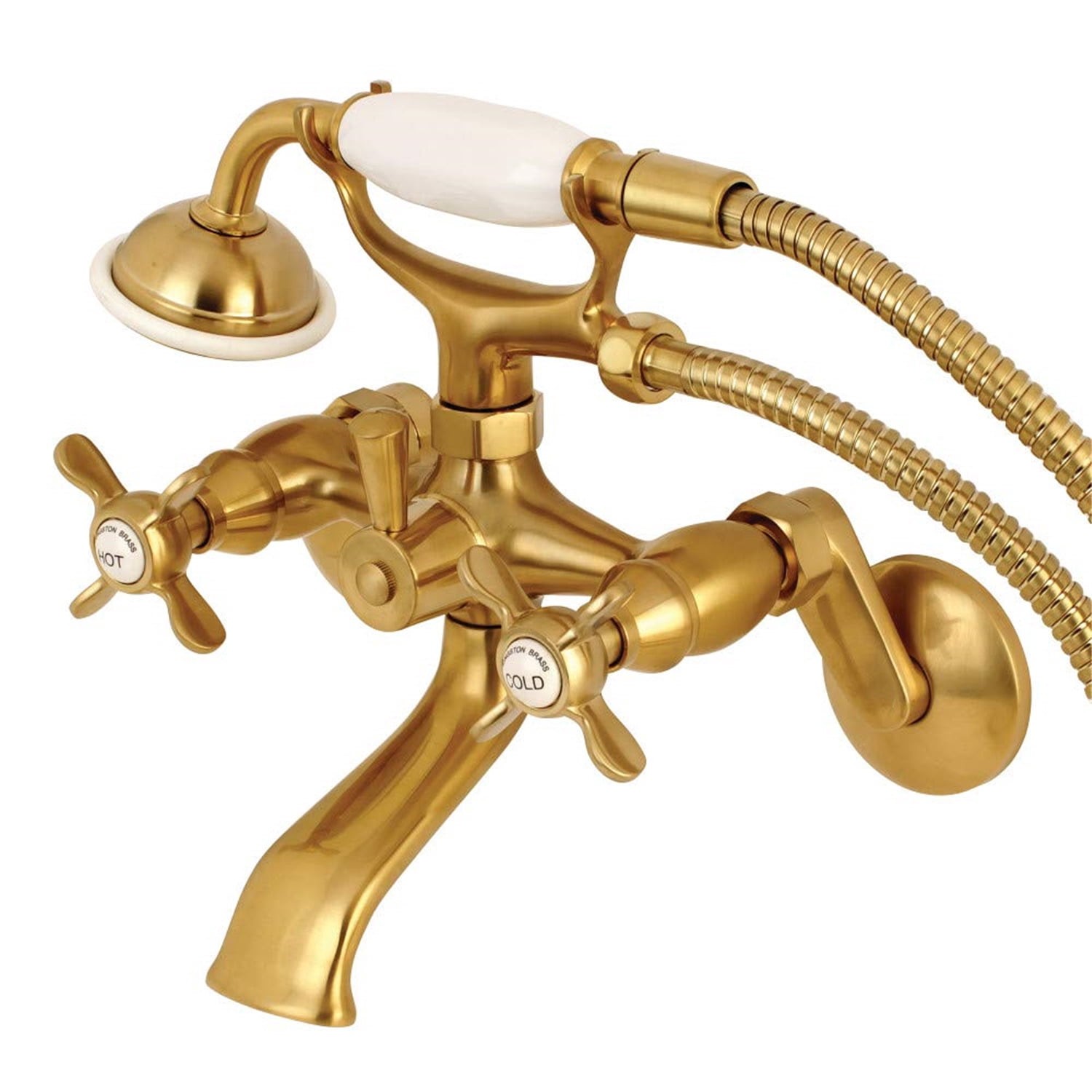 Kingston Brass KS286SB Essex 2-Handle Wall Mount Clawfoot Tub Faucet with Hand Shower, Satin Brass