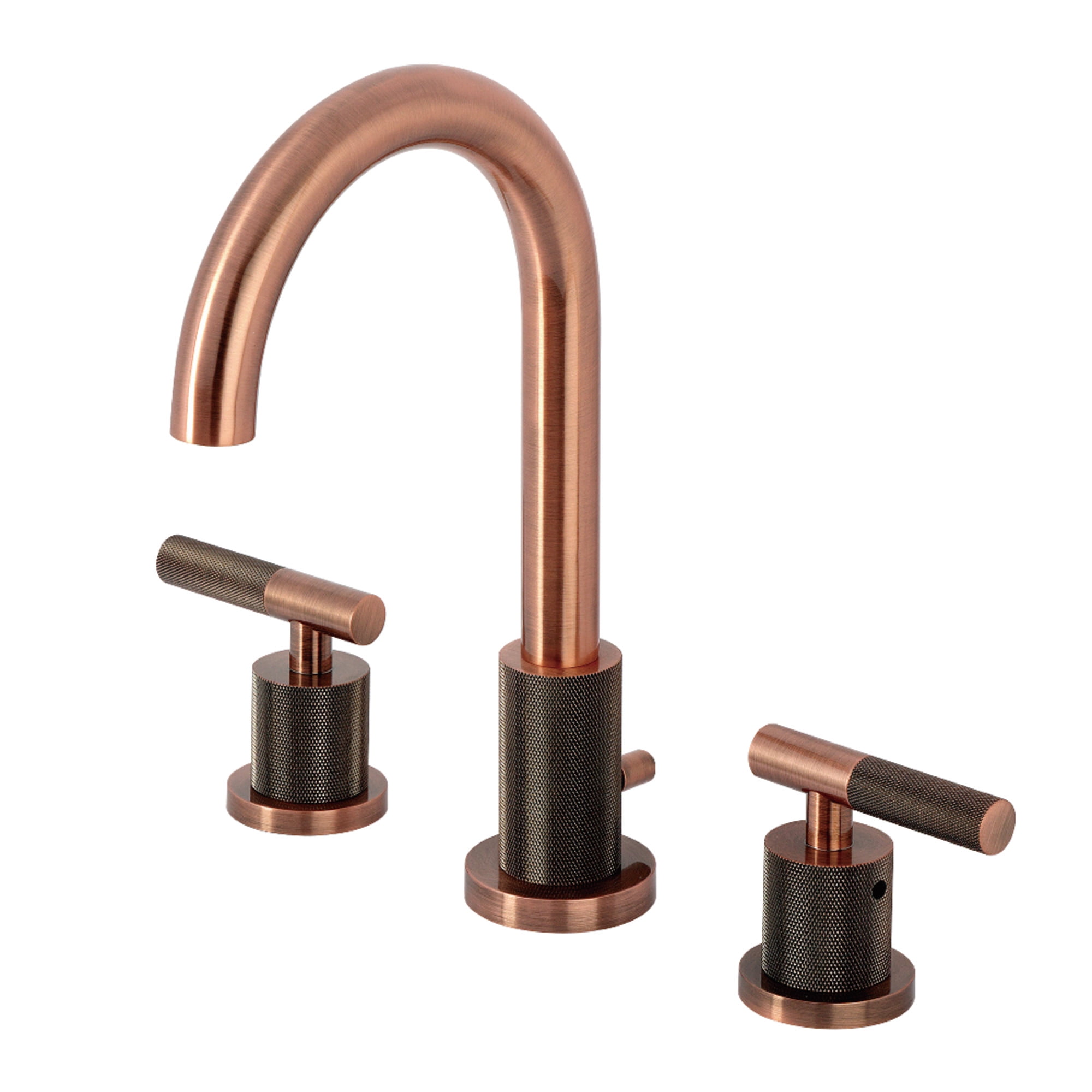 Kingston Brass FSC892KNLAC Convergent Two-Handle 3-Hole Deck Mount Widespread Bathroom Faucet with Knurled Handle and Brass Pop-Up in Antique Copper