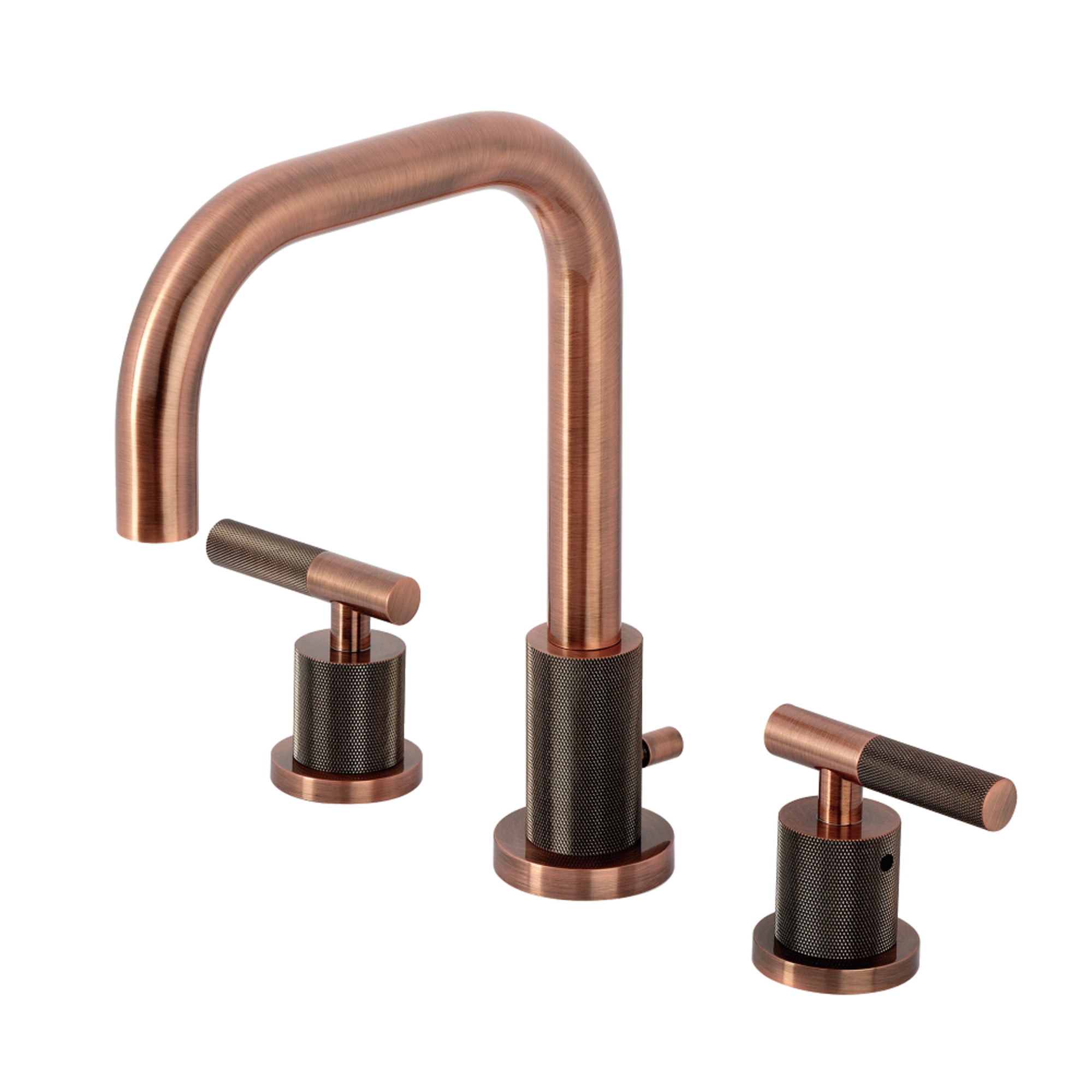Kingston Brass FSC893KNLAC Convergent Two-Handle 3-Hole Deck Mount Widespread Bathroom Faucet with Knurled Handle and Brass Pop-Up in Antique Copper
