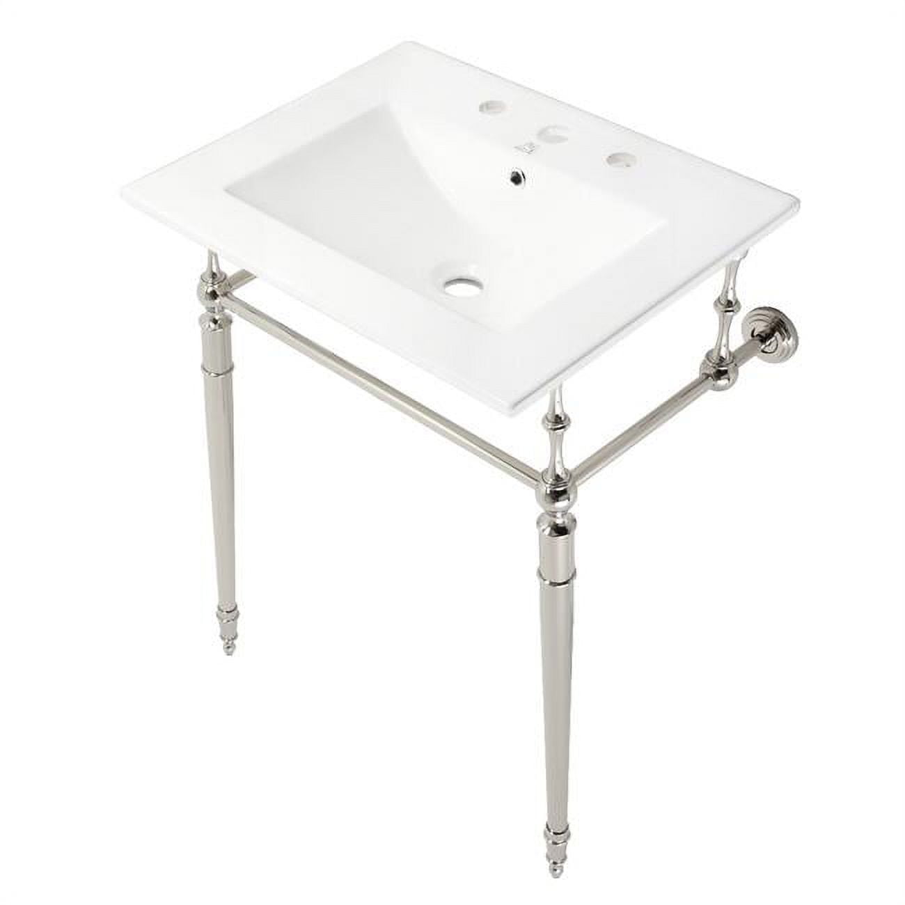 Edwardian 24-Inch White Ceramic Console Sink with Polished Nickel Brass Legs