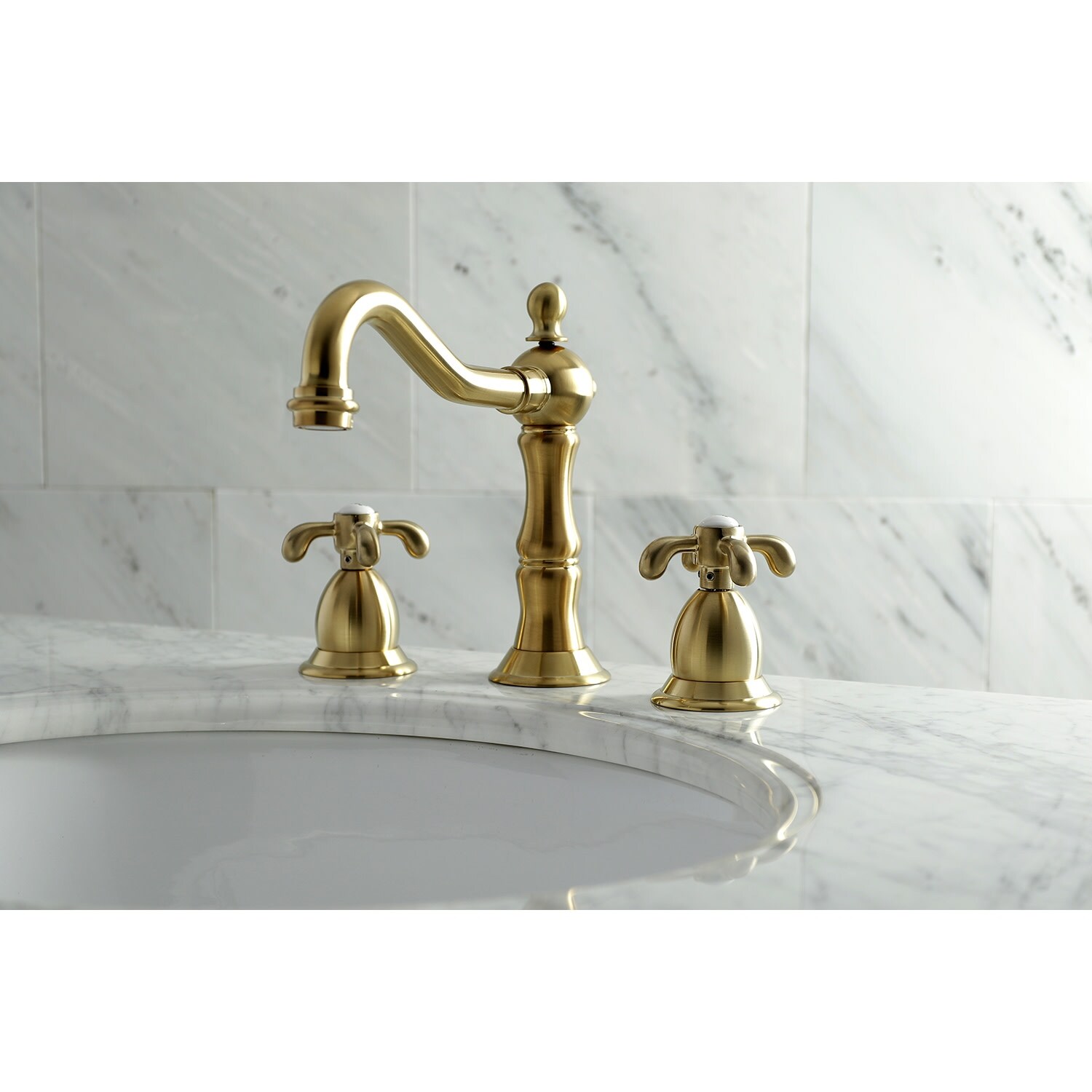 Kingston Brass Widespread Bathroom Faucet - Brushed Brass, 8"-16" Spread, Includes Drain