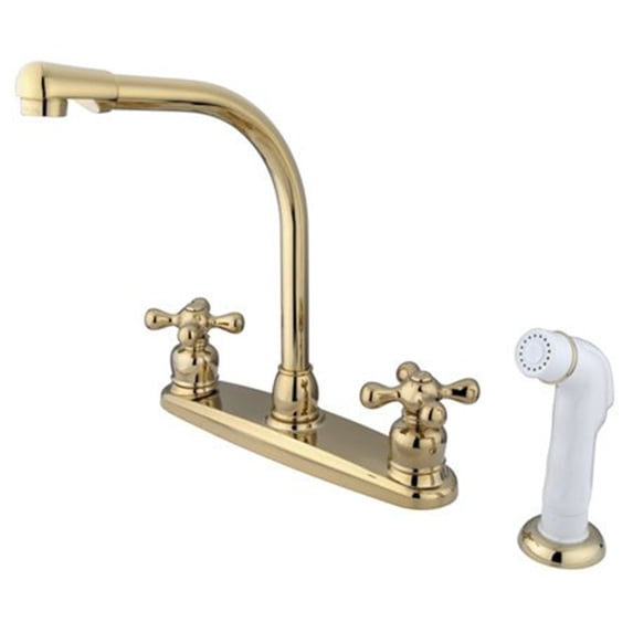 Kingston Brass GKB712AX Water Saving Victorian High Arch Kitchen Faucet with Cross Handles and Sprayer, Polished Brass