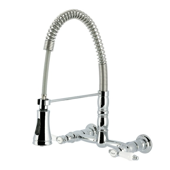 Kingston Brass GS1241BPL Bel-Air Double-Handle 2-Hole Wall-Mount Pre-Rinse Bridge Kitchen Faucet in Polished Chrome