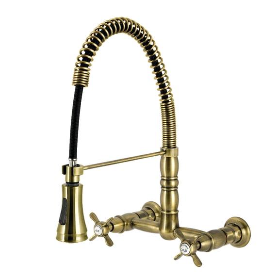 Kingston Brass GS1243BEX Essex Double-Handle 2-Hole Wall-Mount Pre-Rinse Bridge Kitchen Faucet in Antique Brass
