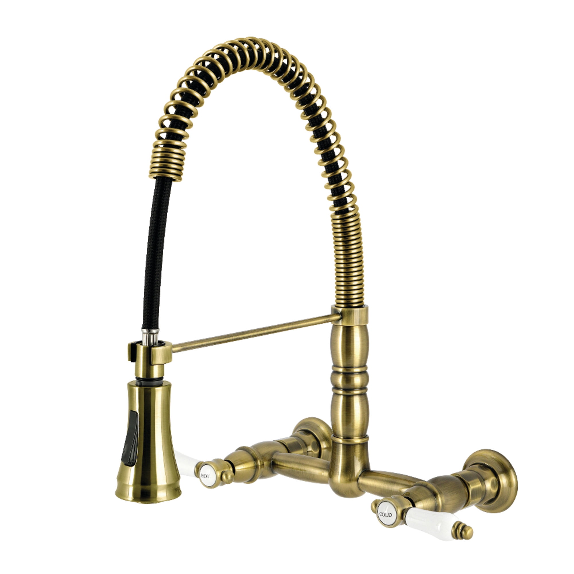 Kingston Brass GS1243BPL Bel-Air Double-Handle 2-Hole Wall-Mount Pre-Rinse Bridge Kitchen Faucet in Antique Brass