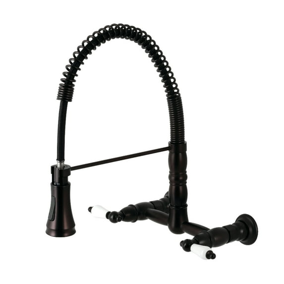 Kingston Brass GS1245PL Heritage Double-Handle 2-Hole Wall-Mount Pre-Rinse Bridge Kitchen Faucet in Oil Rubbed Bronze