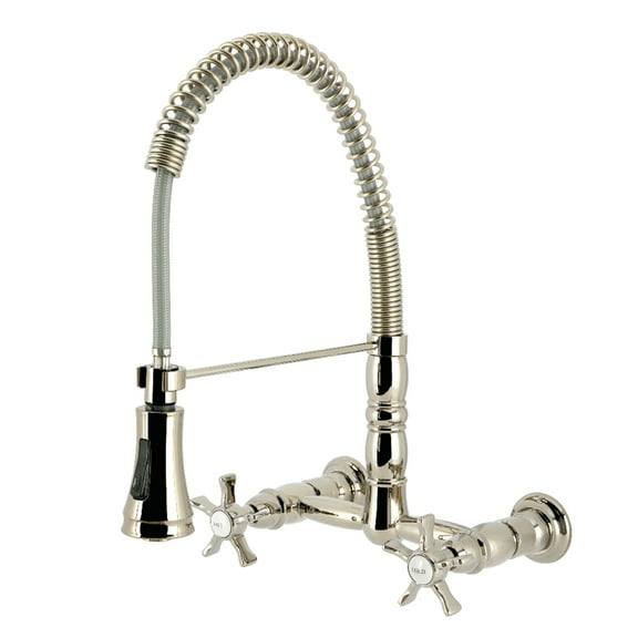 Kingston Brass GS1246NX Hamilton Double-Handle 2-Hole Wall-Mount Pre-Rinse Bridge Kitchen Faucet in Polished Nickel