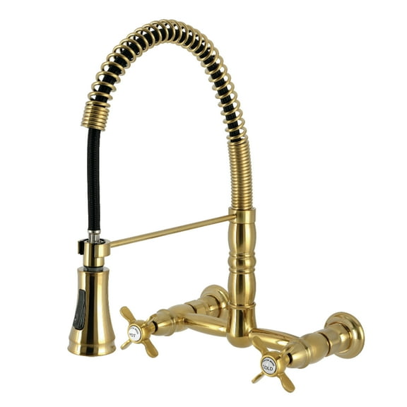 Kingston Brass GS1247BEX Essex Double-Handle 2-Hole Wall-Mount Pre-Rinse Bridge Kitchen Faucet in Brushed Brass