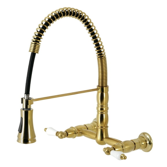 Kingston Brass GS1247PL Heritage Double-Handle 2-Hole Wall-Mount Pre-Rinse Bridge Kitchen Faucet in Brushed Brass