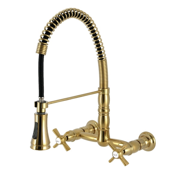 Kingston Brass GS1247ZX Millennium Double-Handle 2-Hole Wall-Mount Pre-Rinse Bridge Kitchen Faucet in Brushed Brass