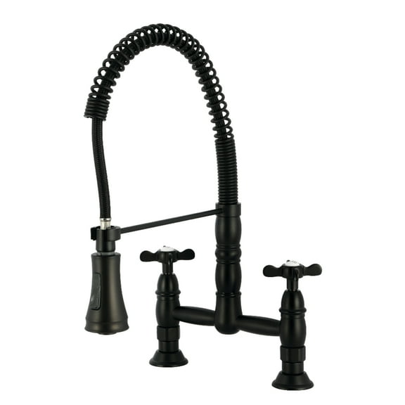 Kingston Brass GS1270BEX Essex Double-Handle 2-Hole Deck-Mount Pre-Rinse Bridge Kitchen Faucet in Matte Black