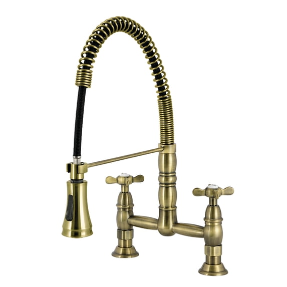 Kingston Brass GS1273BEX Essex Double-Handle 2-Hole Deck-Mount Pre-Rinse Bridge Kitchen Faucet in Antique Brass