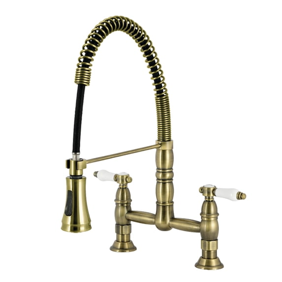 Kingston Brass GS1273BPL Bel-Air Double-Handle 2-Hole Deck-Mount Pre-Rinse Bridge Kitchen Faucet in Antique Brass