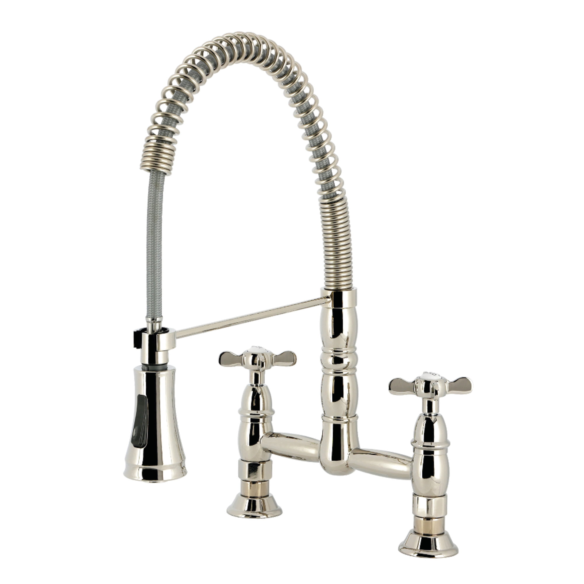 Kingston Brass GS1276BEX Essex Double-Handle 2-Hole Deck-Mount Pre-Rinse Bridge Kitchen Faucet in Polished Nickel