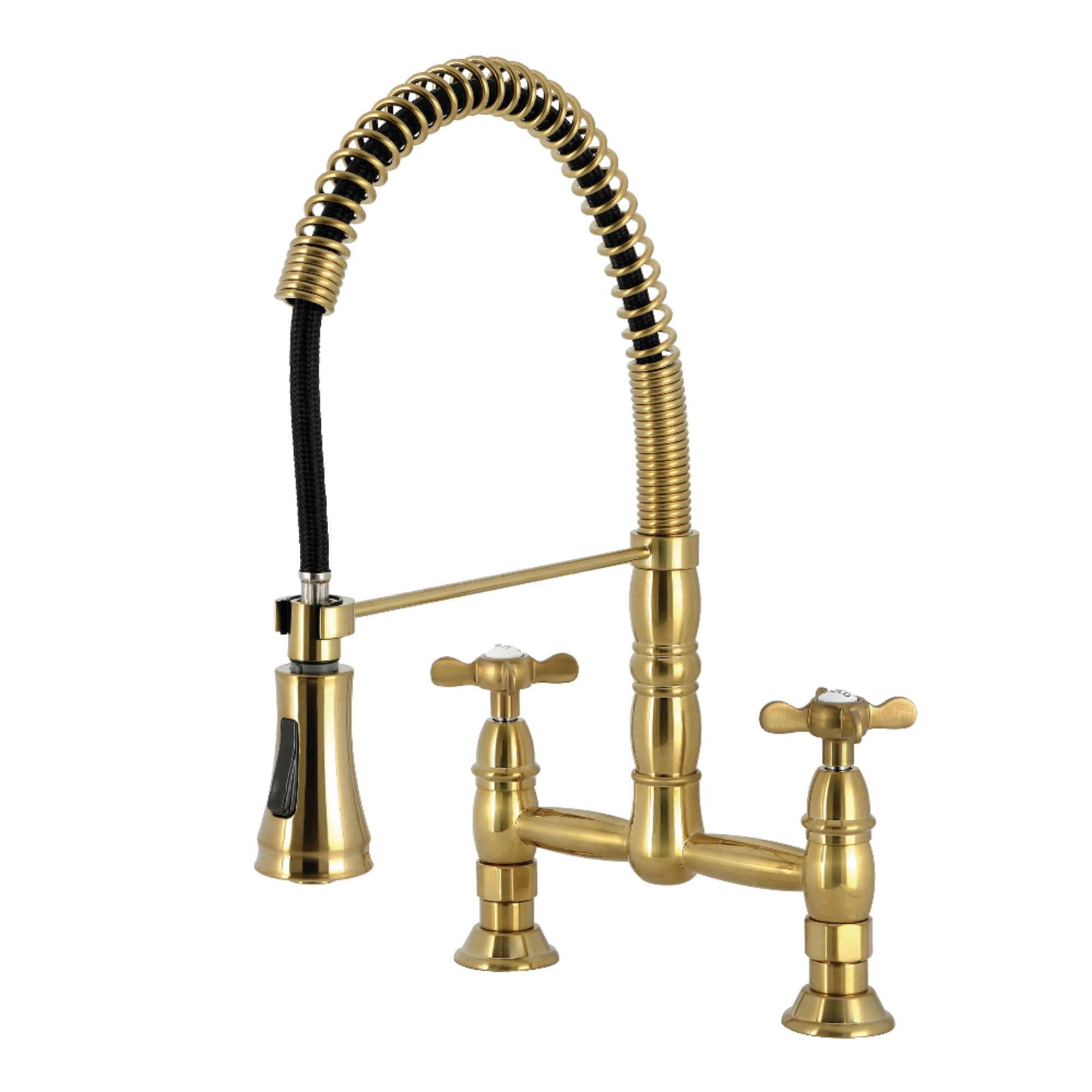 Kingston Brass GS1277BEX Essex Double-Handle 2-Hole Deck-Mount Pre-Rinse Bridge Kitchen Faucet in Brushed Brass