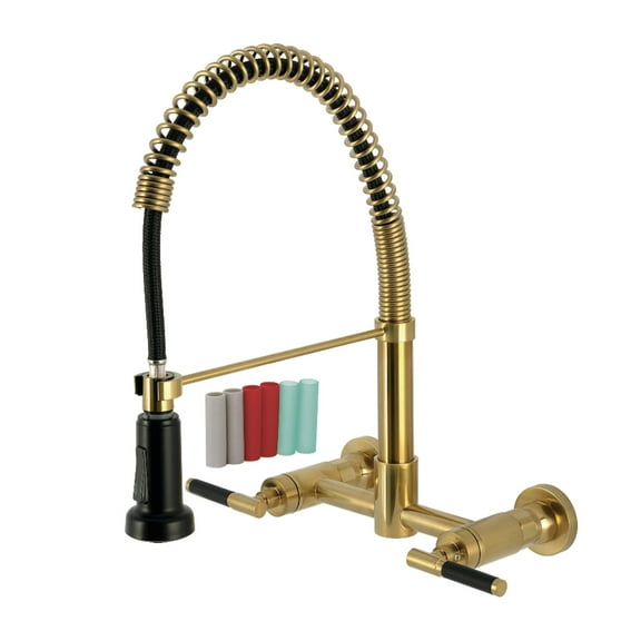 Kingston Brass GS8187CKL Kaiser Double-Handle 2-Hole Wall-Mount Pre-Rinse Bridge Kitchen Faucet in Brushed Brass
