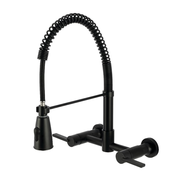 Kingston Brass GS8280CTL Continental Double-Handle 2-Hole Wall-Mount Pre-Rinse Bridge Kitchen Faucet in Matte Black