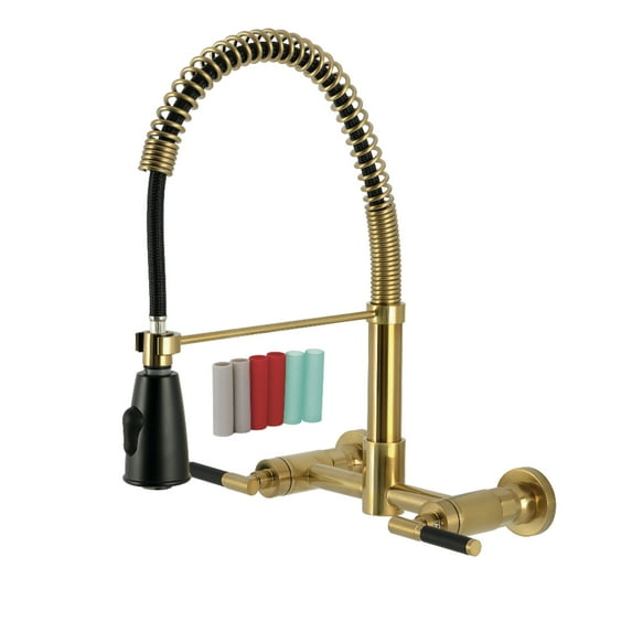 Kingston Brass GS8287CKL Kaiser Double-Handle 2-Hole Wall-Mount Pre-Rinse Bridge Kitchen Faucet in Brushed Brass