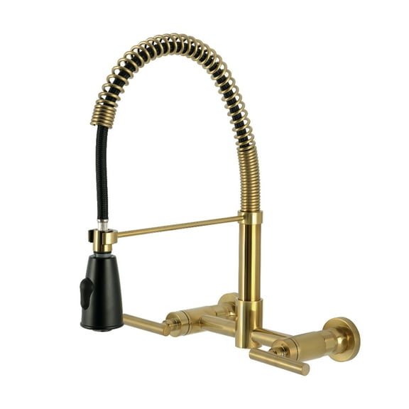 Kingston Brass GS8287CML Manhattan Double-Handle 2-Hole Wall-Mount Pre-Rinse Bridge Kitchen Faucet in Brushed Brass