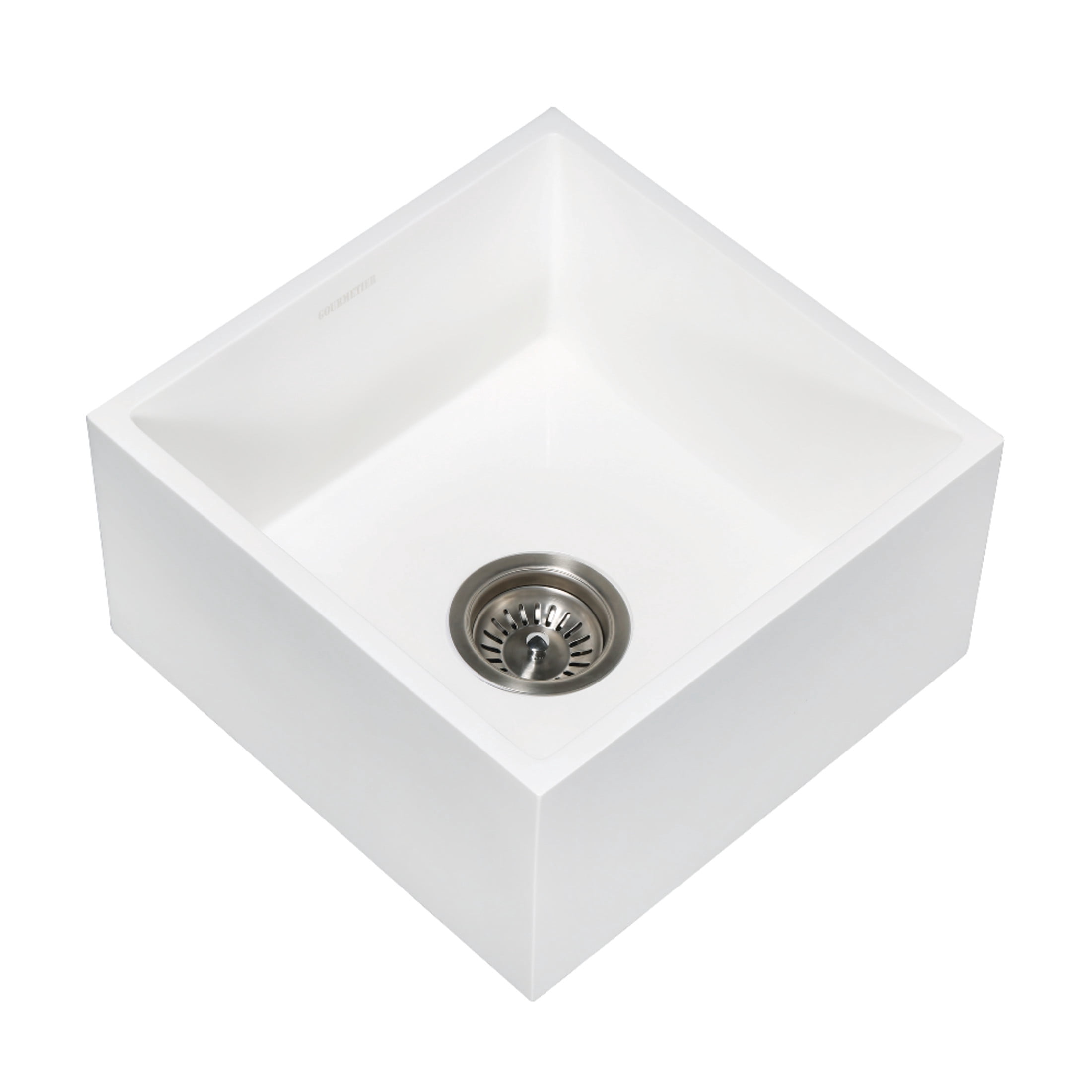 Gourmetier GKUSA15158 Arcticstone 15-Inch Solid Surface White Stone Apron-Front Single Bowl Farmhouse Bar Prep Sink with Strainer in Matte White