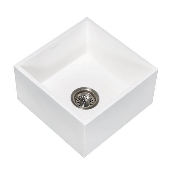 Gourmetier GKUSA15158 Arcticstone 15-Inch Solid Surface White Stone Apron-Front Single Bowl Farmhouse Bar Prep Sink with Strainer in Matte White