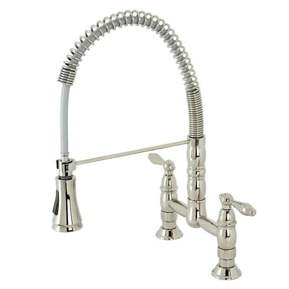 Kingston Brass GS1276AL Heritage Double-Handle 2-Hole Deck-Mount Pre-Rinse Bridge Kitchen Faucet in Polished Nickel