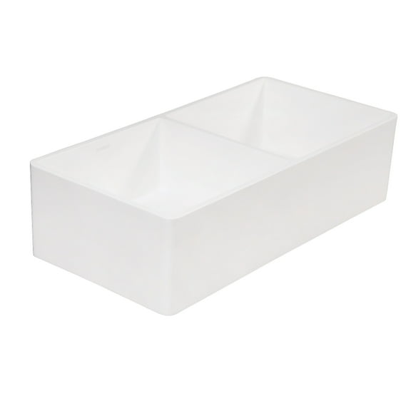 Gourmetier GPFA361810BCD Arcticstone 36" Solid Surface White Stone Apron-Front Double Bowl Farmhouse Kitchen Sink with Strainers x 2, Matte/Glossy White