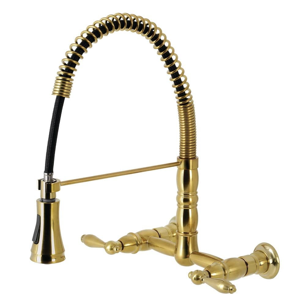 Brushed Brass Double-Handle Wall-Mount Kitchen Faucet with Pull-Down Sprayer