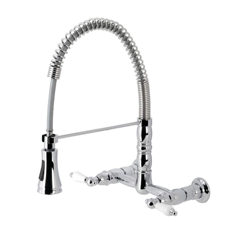 Heritage Brass Double-Handle Wall-Mount Kitchen Faucet with Pull-Down Sprayer
