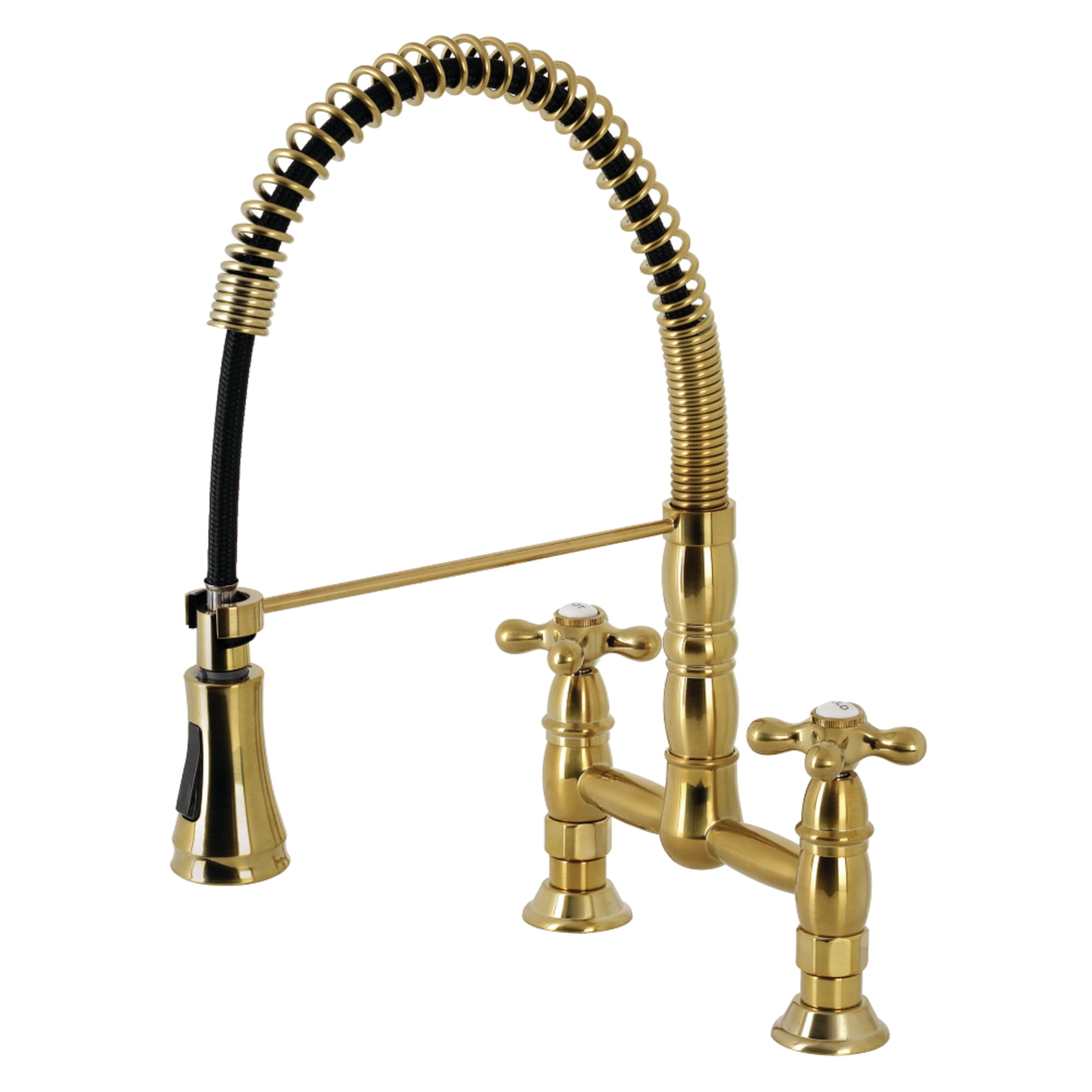 Kingston Brass GS1277AX Heritage Double-Handle 2-Hole Deck-Mount Pre-Rinse Bridge Kitchen Faucet in Brushed Brass
