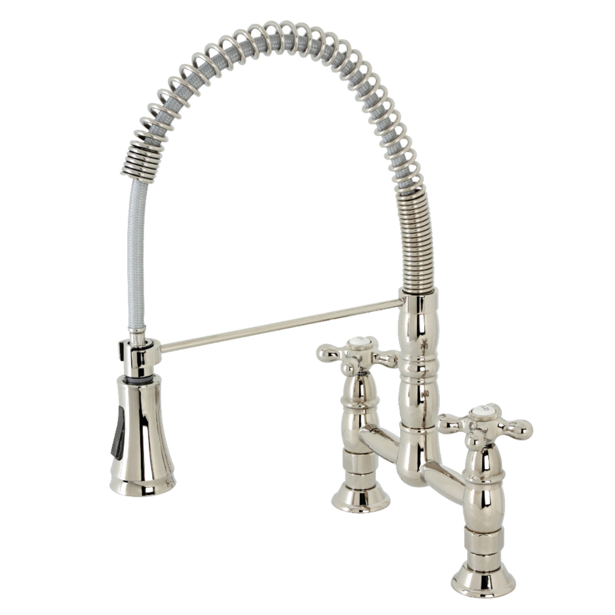 Kingston Brass GS1276AX Heritage Double-Handle 2-Hole Deck-Mount Pre-Rinse Bridge Kitchen Faucet in Polished Nickel