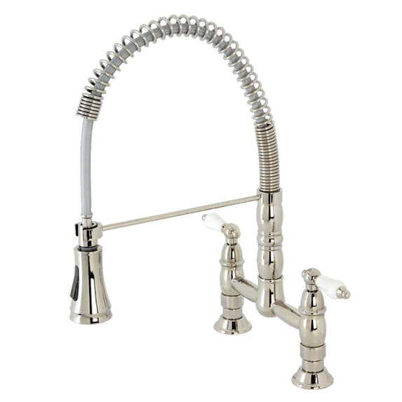 Kingston Brass GS1276PL Heritage Double-Handle 2-Hole Deck-Mount Pre-Rinse Bridge Kitchen Faucet in Polished Nickel