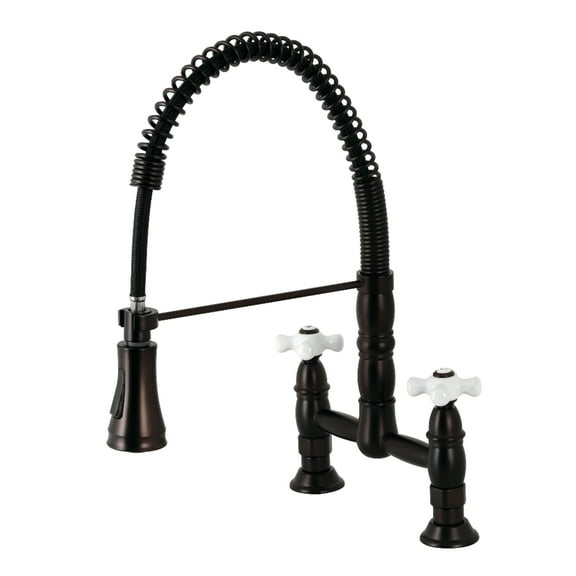 Kingston Brass GS1275PX Heritage Double-Handle 2-Hole Deck-Mount Pre-Rinse Bridge Kitchen Faucet in Oil Rubbed Bronze