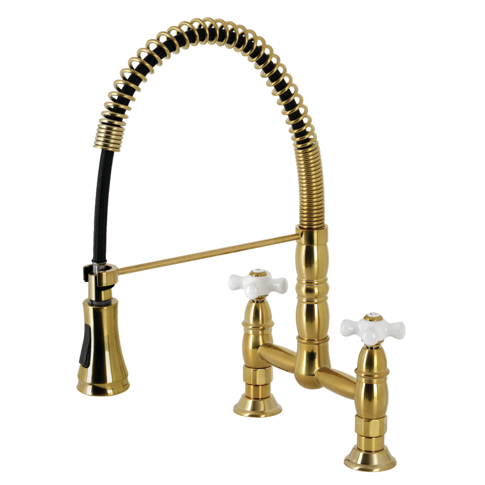 Kingston Brass GS1277PX Heritage Double-Handle 2-Hole Deck-Mount Pre-Rinse Bridge Kitchen Faucet in Brushed Brass