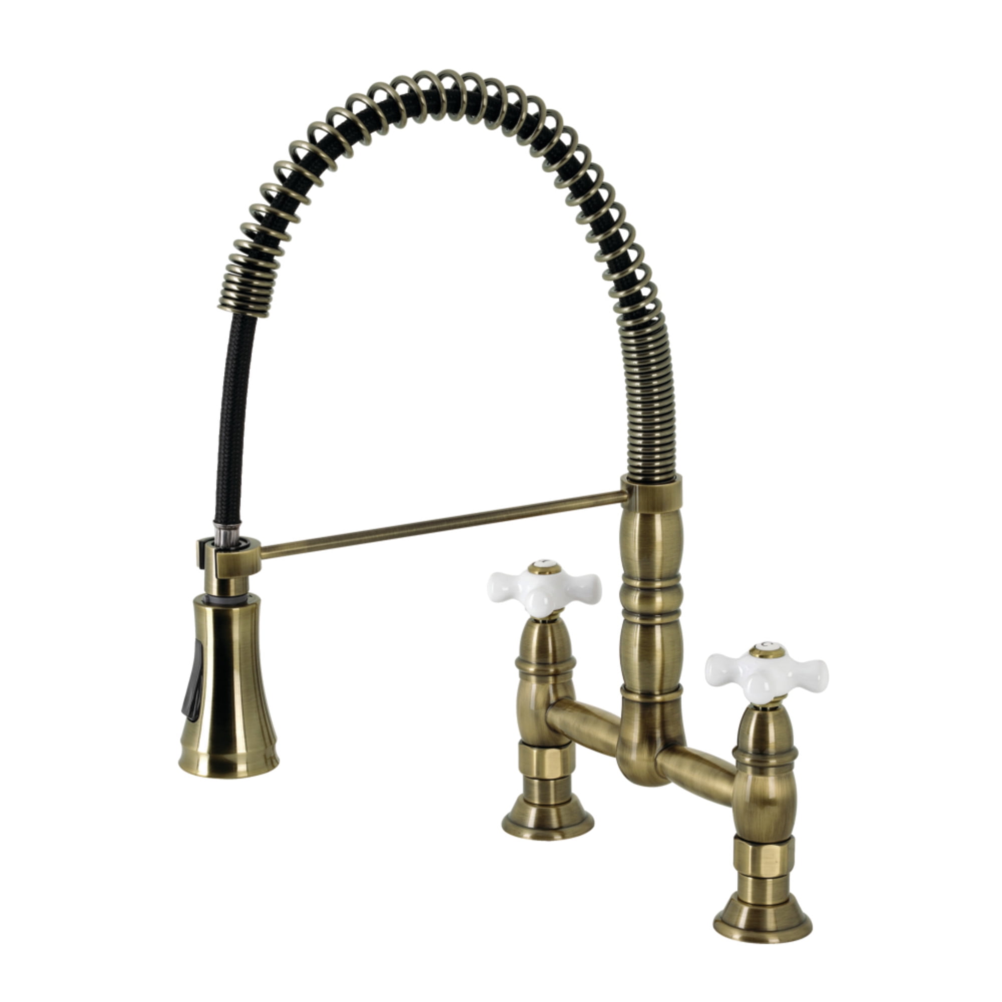 Kingston Brass GS1273PX Heritage Double-Handle 2-Hole Deck-Mount Pre-Rinse Bridge Kitchen Faucet in Antique Brass