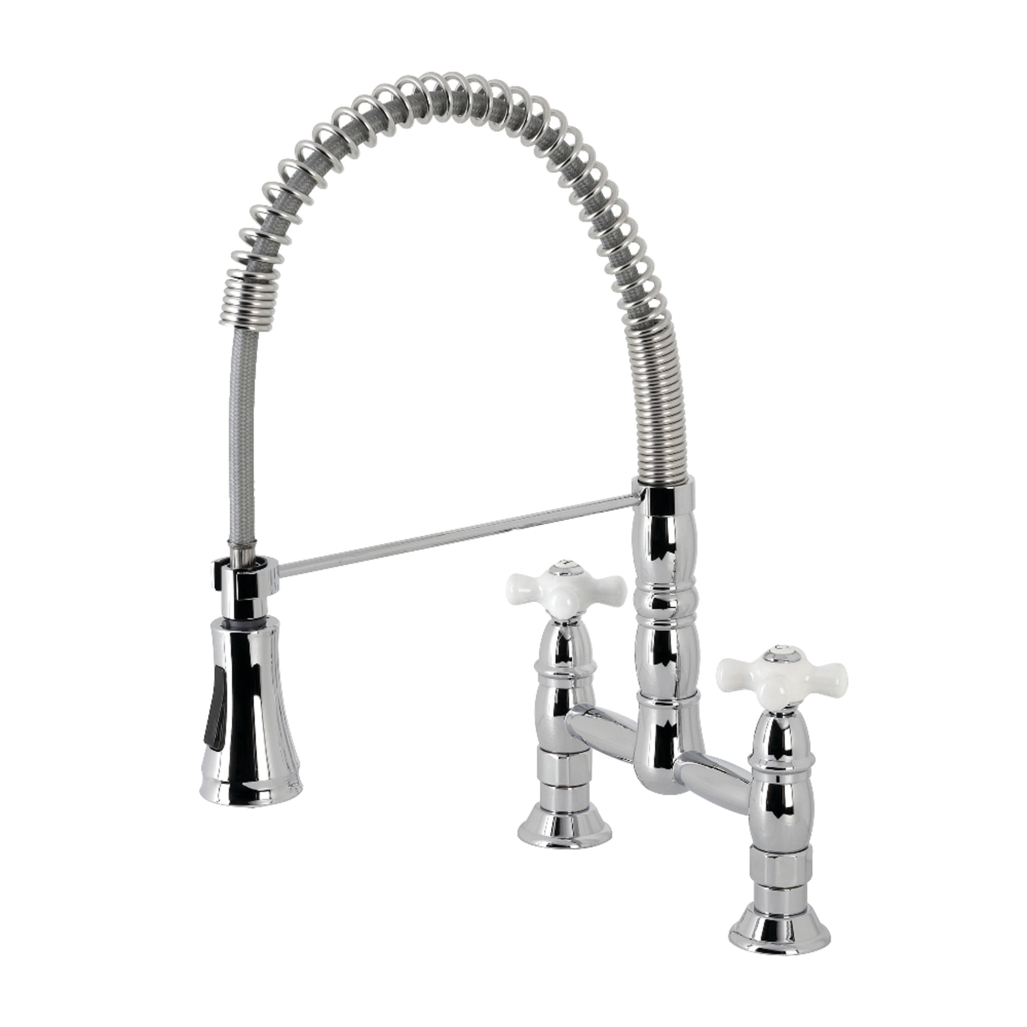 Kingston Brass GS1271PX Heritage Double-Handle 2-Hole Deck-Mount Pre-Rinse Bridge Kitchen Faucet in Polished Chrome