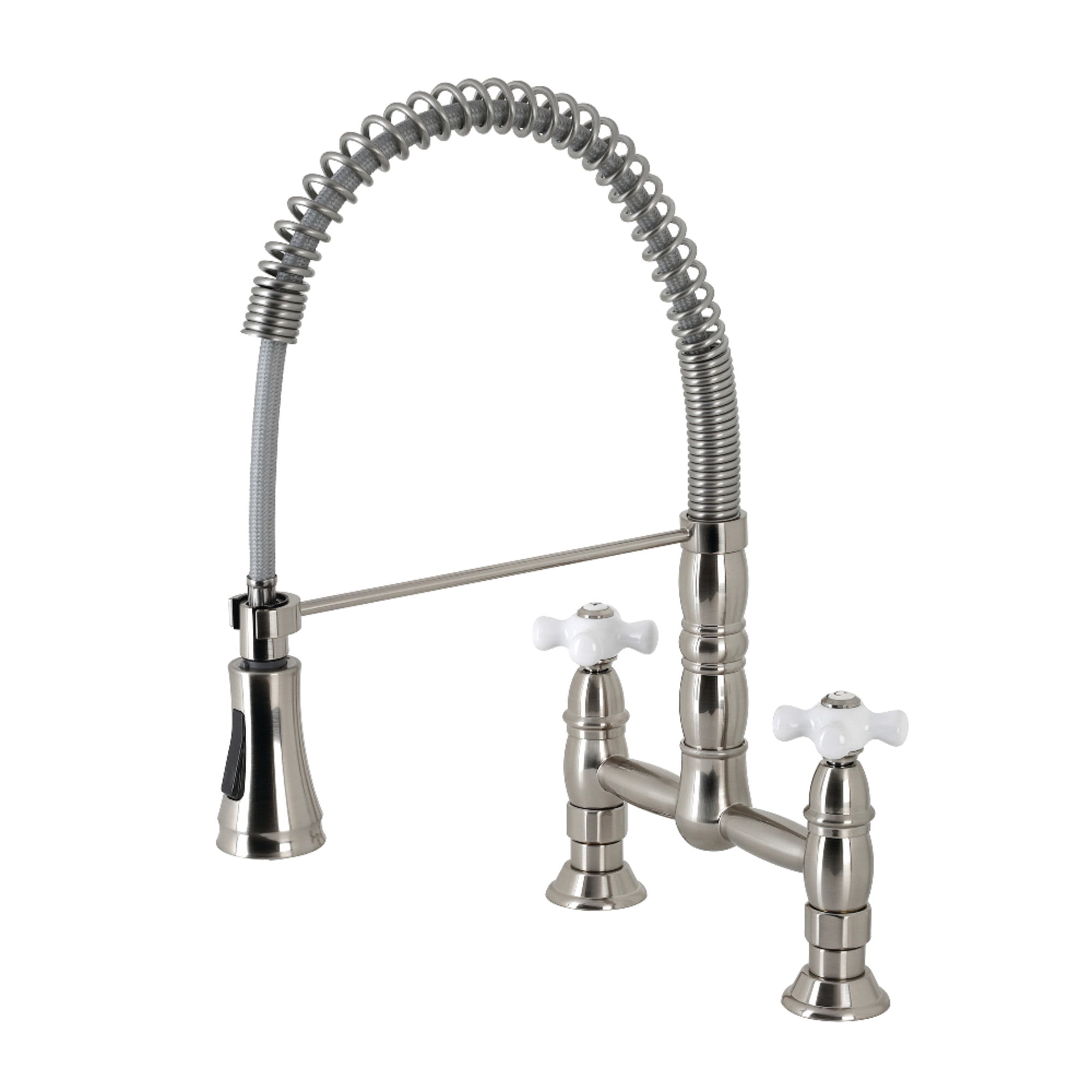 Kingston Brass GS1278PX Heritage Double-Handle 2-Hole Deck-Mount Pre-Rinse Bridge Kitchen Faucet in Brushed Nickel