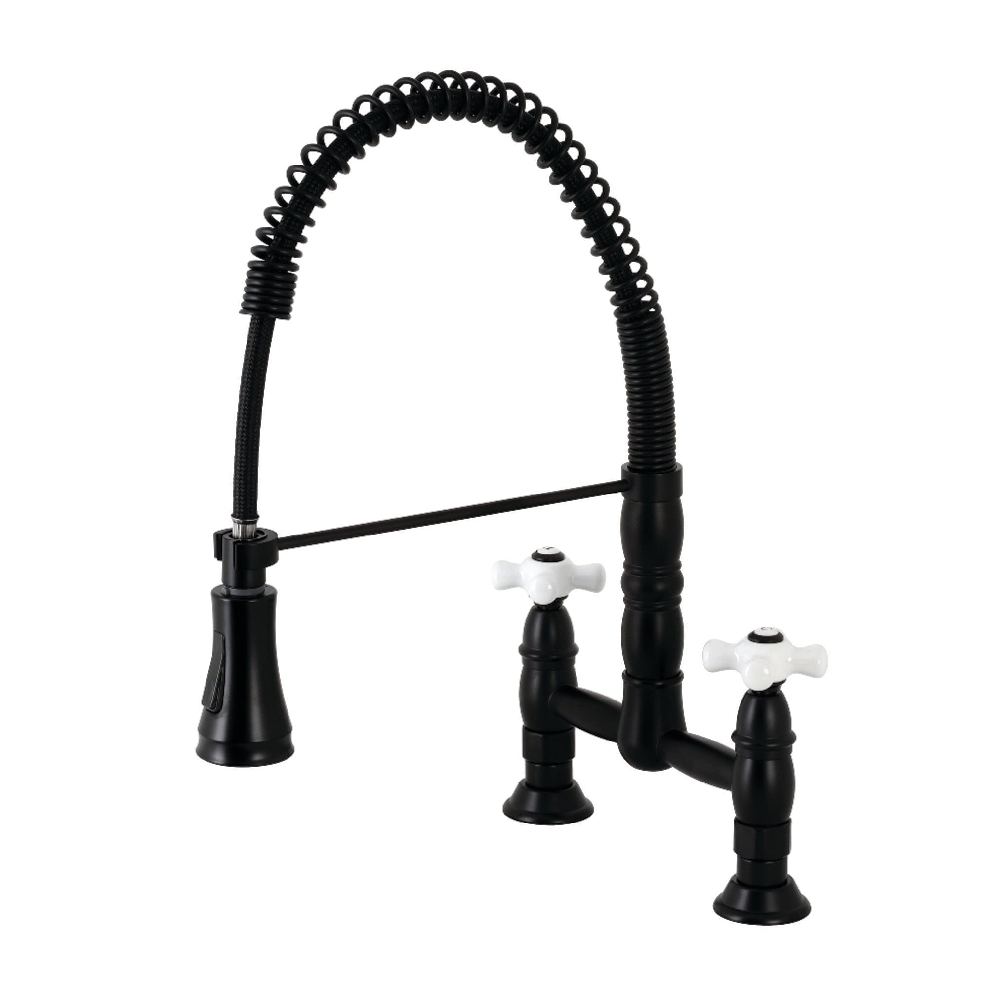 Kingston Brass GS1270PX Heritage Double-Handle 2-Hole Deck-Mount Pre-Rinse Bridge Kitchen Faucet in Matte Black