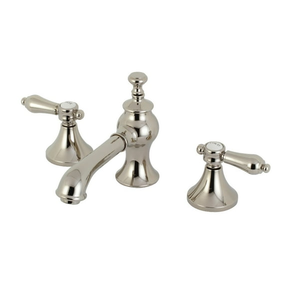Kingston Brass Heirloom Deck Mount Widespread Bathroom Faucet with Brass Pop-Up Polished Nickel Polished