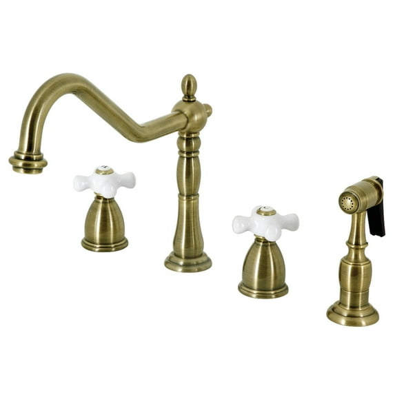 Kingston Brass Heritage Deck Mount Widespread Kitchen Faucet with Brass Sprayer Antique Brass Antique