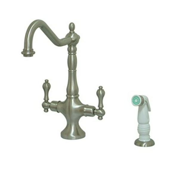 Kingston Brass KS1778AL Heritage Double Handle Kitchen Faucet with White Non-Metallic Side Sprayer