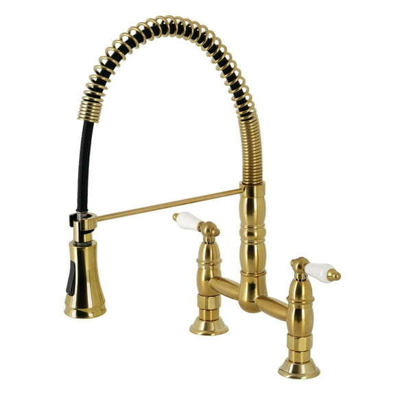 Kingston Brass Heritage Two-Handle Deck-Mount Pull-Down Sprayer Kitchen Faucet Brushed Brass Brushed