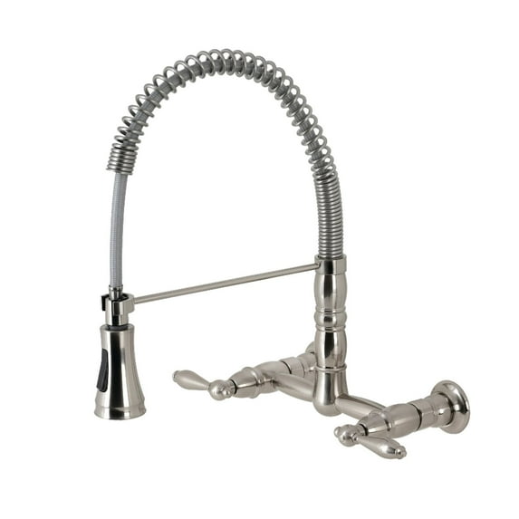 Kingston Brass  Heritage Two-Handle Wall-Mount Pull-Down Sprayer Kitchen Faucet Brushed Nickel Brushed, Nickel Finish