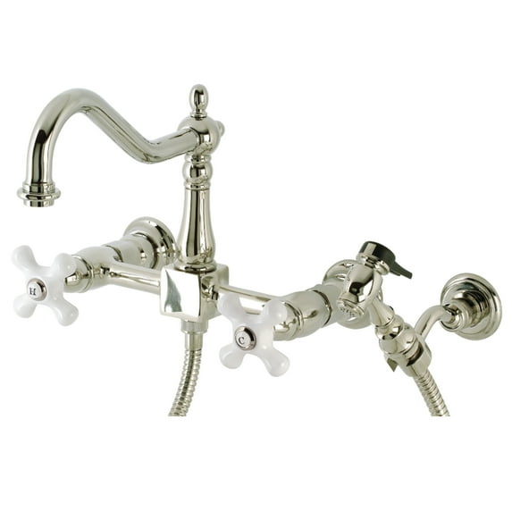 Kingston Brass KS1246PXBS Heritage Double-Handle Wall-Mount Bridge Kitchen Faucet with Brass Sprayer, Polished Nickel