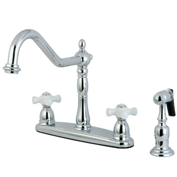 Kingston KB1751PXBS Heritage Two-Handle 4-Hole 8" Centerset Kitchen Faucet with Brass Sprayer in Polished Chrome