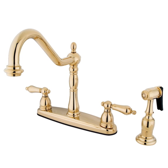 Kingston KB1752ALBS Heritage Two-Handle 4-Hole 8" Centerset Kitchen Faucet with Brass Sprayer in Polished Brass