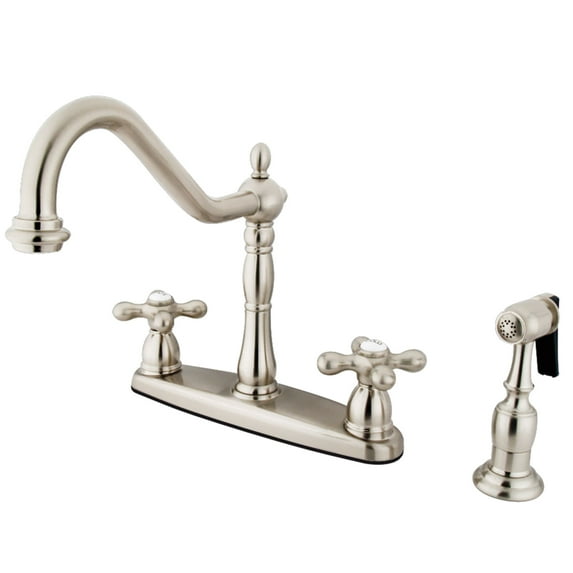 Kingston KB1758AXBS Heritage Two-Handle 4-Hole 8" Centerset Kitchen Faucet with Brass Sprayer in Brushed Nickel