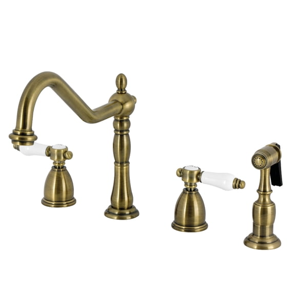 Kingston Brass KB1793BPLBS Bel-Air Double-Handle Widespread Kitchen Faucet with Brass Sprayer in Antique Brass