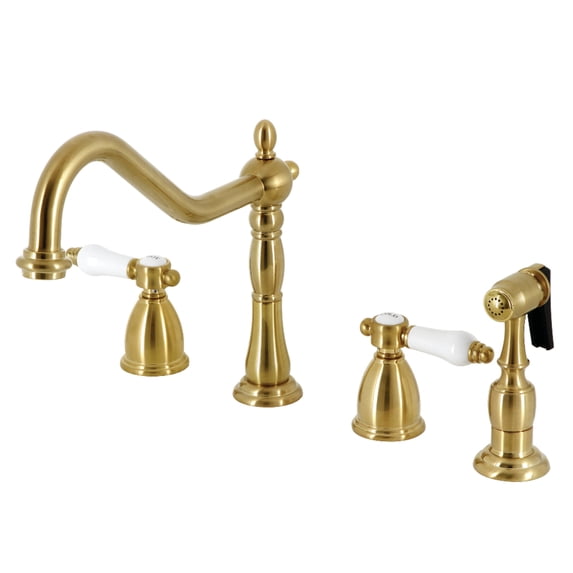 Kingston Brass KB1797BPLBS Bel-Air Double-Handle Widespread Kitchen Faucet with Brass Sprayer in Brushed Brass