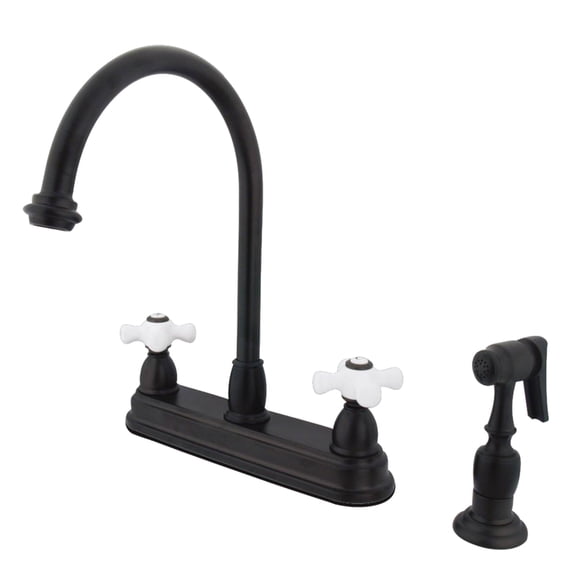 Kingston KB3755PXBS Restoration Two-Handle 4-Hole 8" Centerset Kitchen Faucet with Brass Sprayer in Oil Rubbed Bronze